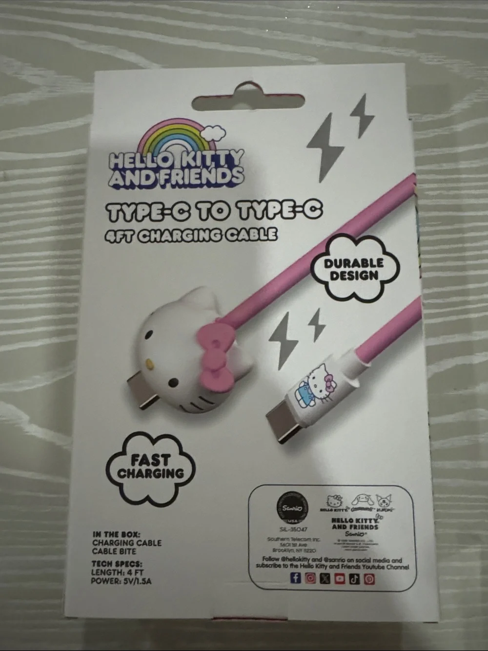 Hello Kitty Pink Type-C to Type-C Charging Cable with Character Cable Bite
